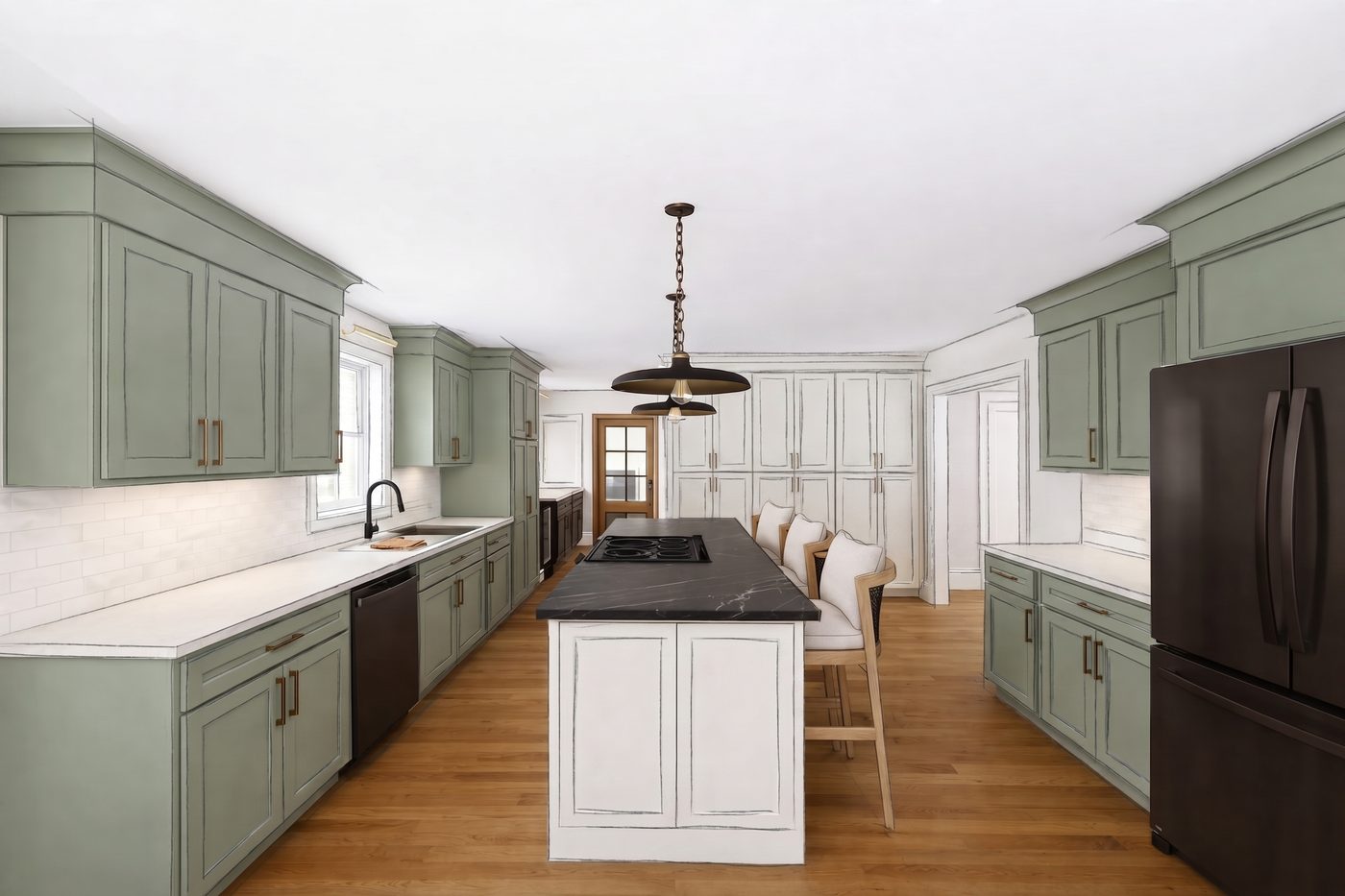 Dream version of the same kitchen — new cabinet fronts with brass pulls, tile backsplash, a black stone island seating three, pendant lighting and full pantry cabinetry.