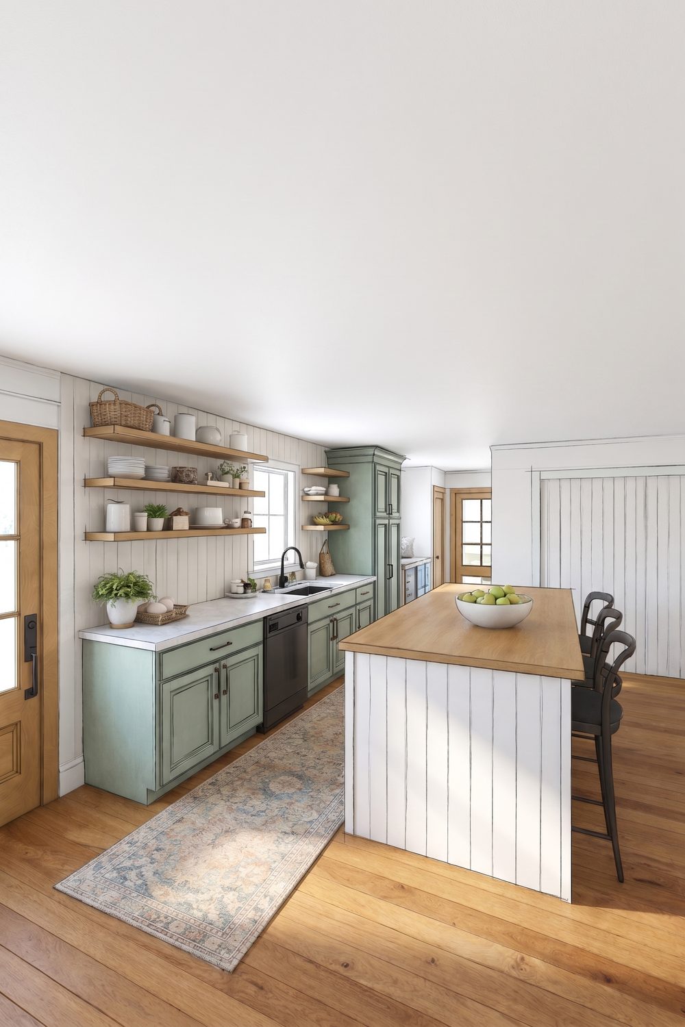 Looking in from the side door — sage cabinets, open shelving, a runner, and the butcher-block island with black chairs.