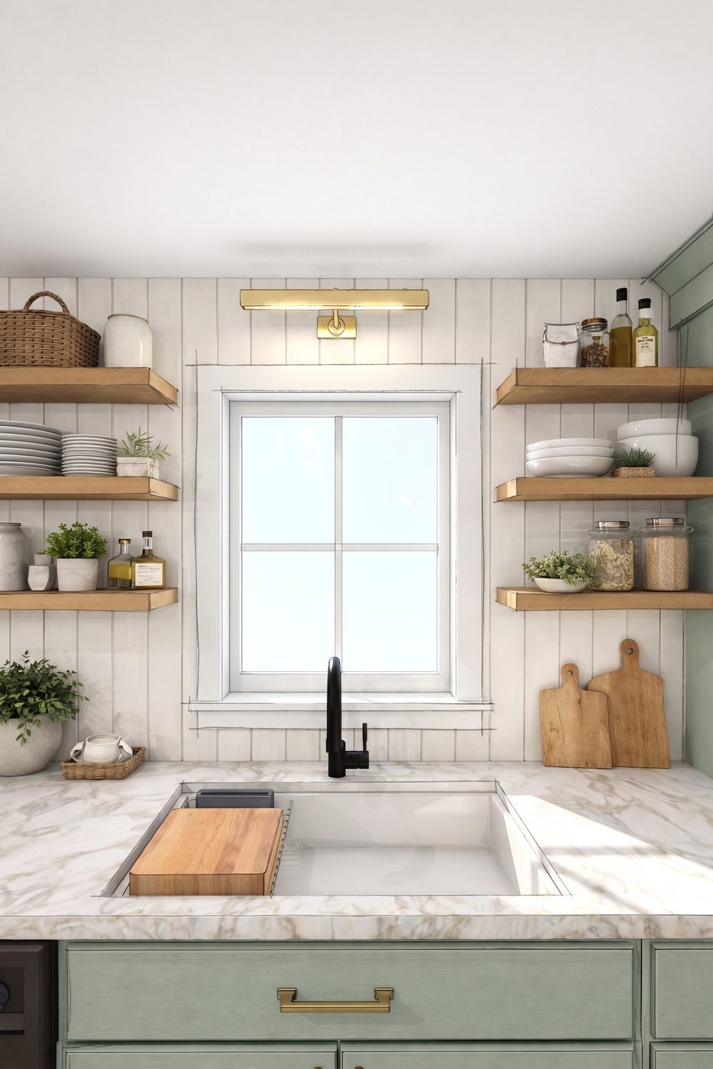 The sink wall of Lexie's remixed kitchen — open wood shelving on shiplap either side of the window, marble counters, a brass picture light above.