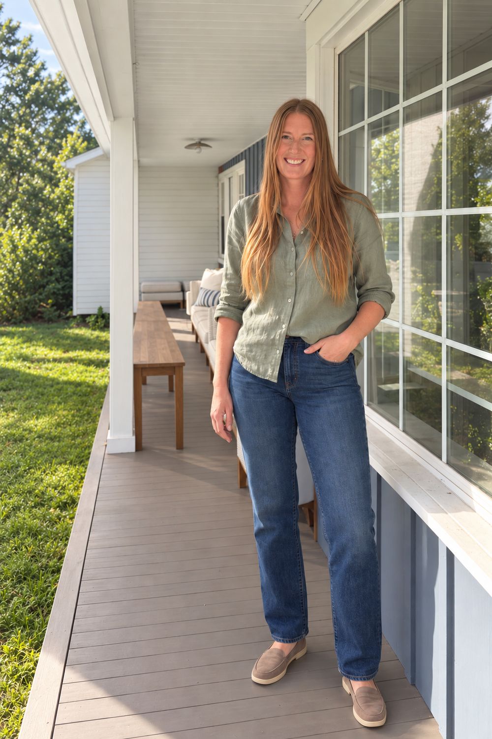 Susie standing on the long porch of her farmhouse in a sage linen shirt and jeans, smiling, with the yard and porch seating behind her.