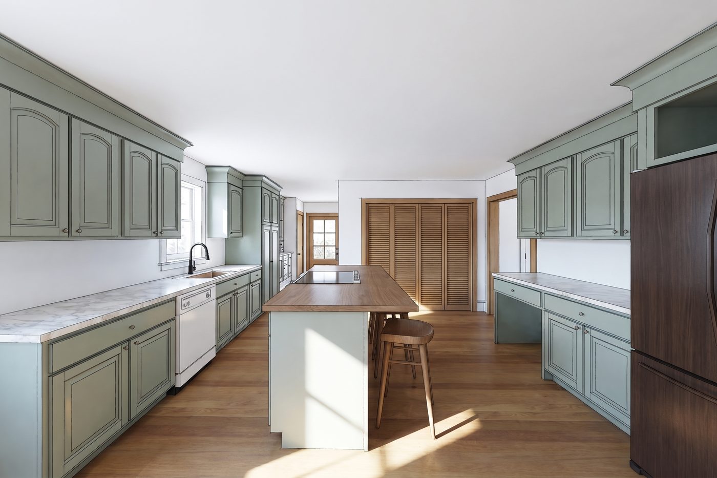 Budget version of Lexie's Scandinavian modern farmhouse kitchen in Sunderland, Massachusetts — existing sage cabinets kept and repainted, marble-look counters, a simple wood-topped island.