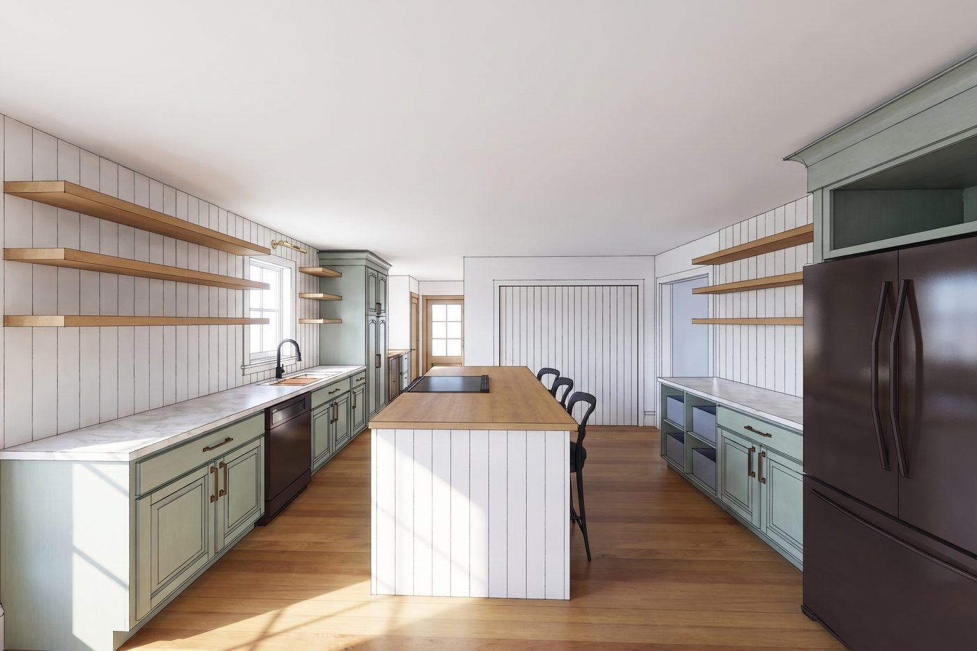 The remix of the same Sunderland kitchen — original cabinets kept and painted sage with brass pulls, upper cabinets replaced by open wood shelving on a shiplap wall, a butcher-block island with seating, and the pantry doors panelled over.