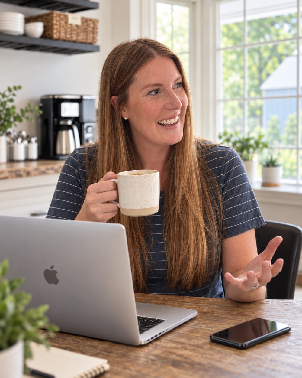 Susie at her kitchen table, laughing mid-conversation, a coffee mug in hand and a sketchbook of floor plans open in front of her.